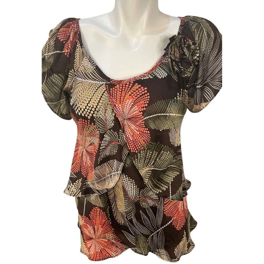 Piano Top Blouse Womens Size Large Tiered Floral Print Orange Green